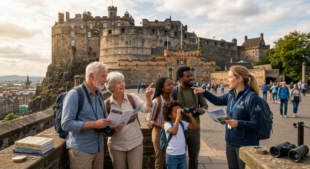 guide and tourists at edinburgh castle